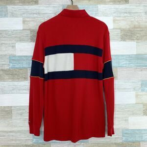 Tommy Hilfiger Vintage Flag Rugby Polo Shirt Red Pique Waffle Knit Mens Medium
